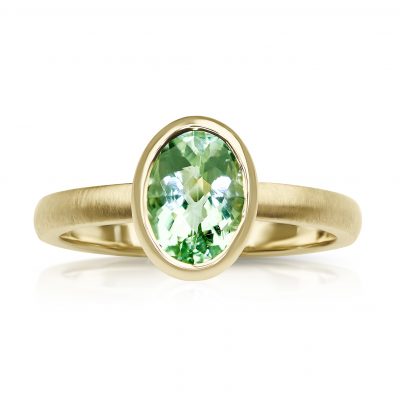 Helios Ring in recycled yellow gold with oval Green Beryl, handmade in Royal Tunbridge Wells.