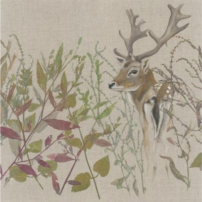 By The Light Of The Buck Moon by Jade Taylor – acrylic and botanical collage triptych inspired by the Fallow deer and Buck Moon over Tunbridge Wells.