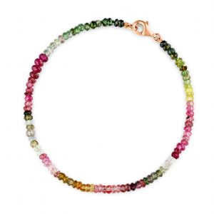 “Tourmaline Gemstone Bracelet with multicoloured faceted tourmaline beads and precious metal clasp.”