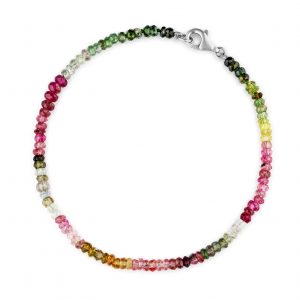 “Tourmaline Gemstone Bracelet with multicoloured faceted tourmaline beads and precious metal clasp.”