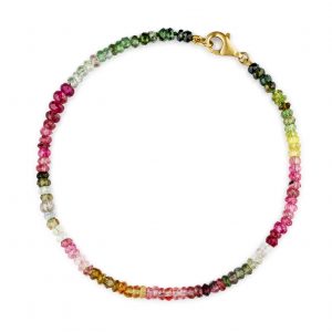 “Tourmaline Gemstone Bracelet with multicoloured faceted tourmaline beads and precious metal clasp.”