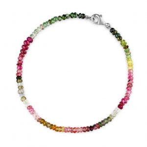 “Tourmaline Gemstone Bracelet with multicoloured faceted tourmaline beads and precious metal clasp.”