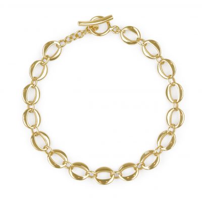 Maya Gold Link Bracelet by KATA Jewellery — handcrafted 9ct gold bracelet with unique shaped links and T-bar clasp, made in Tunbridge Wells.