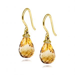 Side view of Aura Earrings ~ Golden Citrine showing faceted citrine briolettes and elegant drop design.
