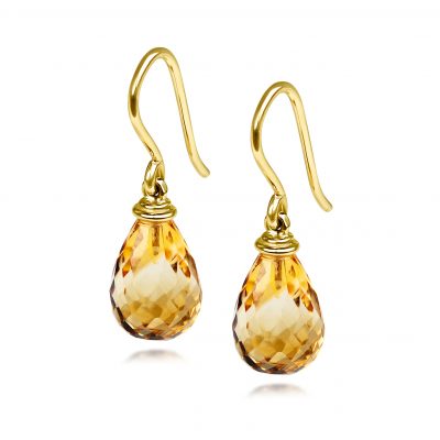 Side view of Aura Earrings ~ Golden Citrine showing faceted citrine briolettes and elegant drop design.