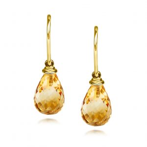 Front view of Aura Earrings in golden citrine briolettes, handcrafted in recycled yellow gold.
