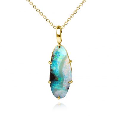 Elysian Boulder Opal Necklace by KATA Jewellery — one-of-a-kind boulder opal set in an 18ct yellow gold wirework setting, handcrafted in Tunbridge Wells.