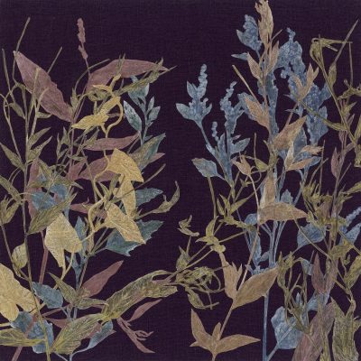 Meadow Edge II by Jade Taylor – botanical monoprint collage on linen with float frame.