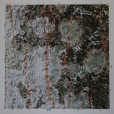 “Above the Veil of Dreams by Pari Aazami — large mixed-media artwork with platinum, silver, copper, and gold leaf, designed for four orientations.”