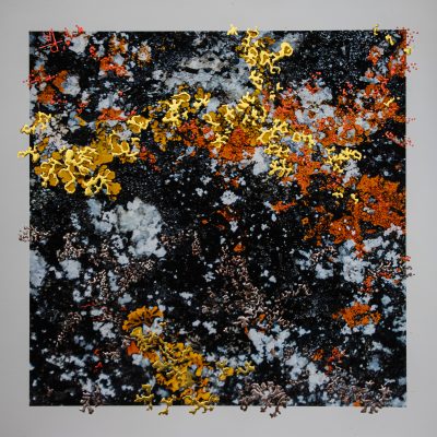 “And The Fire That Grows Between The Stillness I by Pari Aazami — mixed-media artwork with red and yellow tones and silver leaf.”