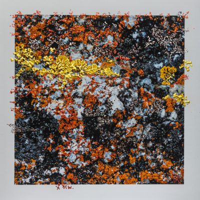 “And The Fire That Grows Between The Stillness II by Pari Aazami — mixed-media artwork with silver leaf, deep reds, greys, and yellow highlights.”