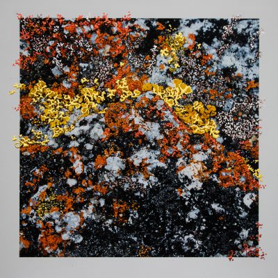 “And The Fire That Grows Between The Stillness III by Pari Aazami — mixed-media artwork with silver leaf, red tones, and yellow accents.”