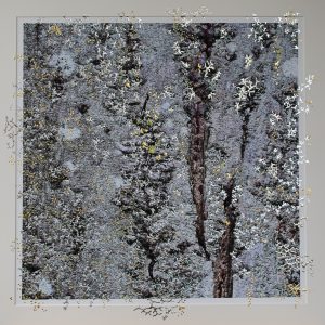 “Awakening by Pari Aazami — minimalist mixed-media artwork with gold, tin, and silver leaf on textured FineArt paper.”