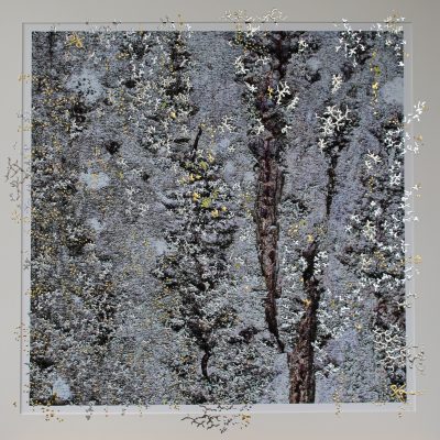 “Awakening by Pari Aazami — minimalist mixed-media artwork with gold, tin, and silver leaf on textured FineArt paper.”