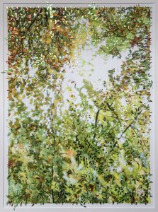 “Be Still Let the Whispering Canopy Hold You by Pari Aazami — mixed-media artwork with multi-coloured silver leaf and nature-inspired green tones.”