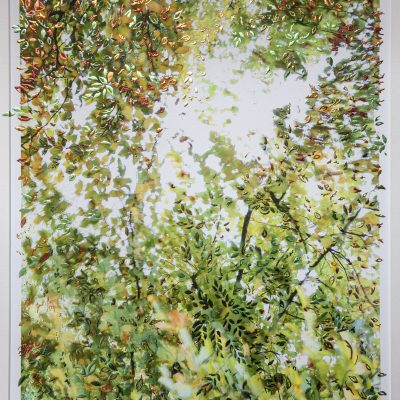 “Be Still Let the Whispering Canopy Hold You by Pari Aazami — mixed-media artwork with multi-coloured silver leaf and nature-inspired green tones.”