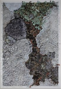“Hendre Selar Garden by Pari Aazami — mixed-media artwork with silver leaf, inspired by lichen on slate and Welsh landscapes.”
