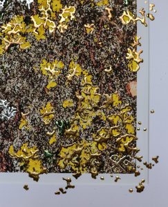 “Honeycomb Love by Pari Aazami — mixed-media artwork with silver leaf and warm earthy tones, inspired by tree bark textures.”