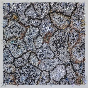 “Illumina by Pari Aazami — mixed-media artwork with architectural lines, silver and gold leaf, inspired by Welsh slate textures.”