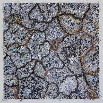 “Illumina by Pari Aazami — mixed-media artwork with architectural lines, silver and gold leaf, inspired by Welsh slate textures.”