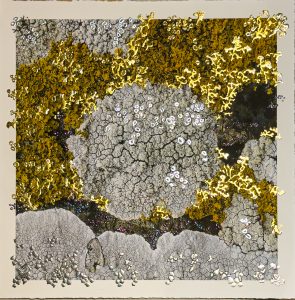 “Moonrise at Dawn artwork by Pari Aazami — mixed-media landscape with silver and gold leaf, moonrise motif, framed with ArtGlass UV70.”