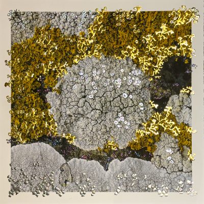 “Moonrise at Dawn artwork by Pari Aazami — mixed-media landscape with silver and gold leaf, moonrise motif, framed with ArtGlass UV70.”