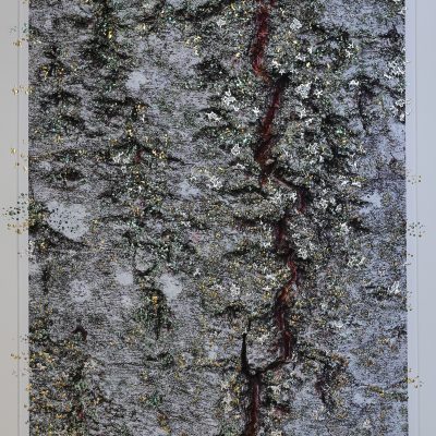 “Resilience by Pari Aazami — contemporary mixed-media artwork with gold, tin, and multi-shade silver leaf.”