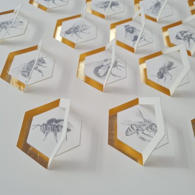The Hive V by Jade Taylor – graphite and 24ct gold leaf artwork featuring detailed bee drawings.