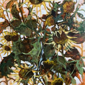Autumn Sunflowers original oil painting by Jude Askey-Brown, a richly textured floral artwork in warm earthy tones, available at KATA Tunbridge Wells