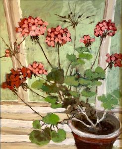 Greenhouse Geranium original oil painting by Jude Askey-Brown, depicting a geranium in soft greenhouse light, available at KATA Tunbridge Wells