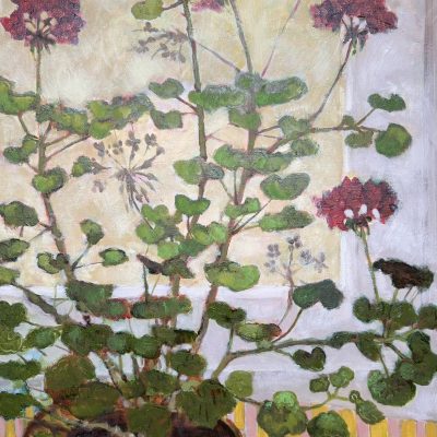 Hazy Summer original oil painting by Jude Askey-Brown, a warm and intimate geranium still life, available at KATA Tunbridge Wells