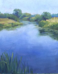 Sunshine on the River Rother, original plein air oil painting by Hannah Buchanan inspired by the Kent countryside, available at KATA Tunbridge Wells