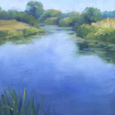 Sunshine on the River Rother, original plein air oil painting by Hannah Buchanan inspired by the Kent countryside, available at KATA Tunbridge Wells