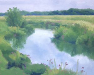 Grey Glassy Waters on the Rother, original plein air oil painting by Hannah Buchanan inspired by the Kent countryside, available at KATA Tunbridge Wells