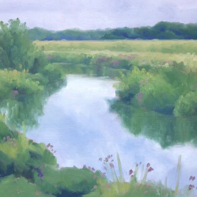 Grey Glassy Waters on the Rother, original plein air oil painting by Hannah Buchanan inspired by the Kent countryside, available at KATA Tunbridge Wells
