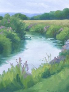 Calm Reflection, original plein air oil painting by Hannah Buchanan capturing still water and quiet atmosphere, available at KATA Tunbridge Wells