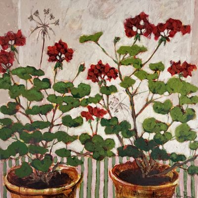 Pelargonium Stripe original oil painting by Jude Askey-Brown, a richly textured geranium still life, available at KATA Tunbridge Wells