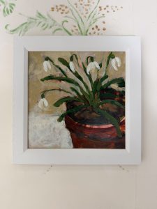 Snowdrops original oil painting by Jude Askey-Brown, depicting early snowdrops in a terracotta pot, available at KATA Tunbridge Wells