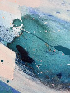 Close-up detail of Lagoon Reflections by Caroline Martin, showing layered abstract texture and mixed media