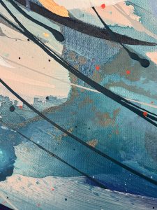 Close-up detail of New Energy by Caroline Martin, showing layered mixed media and expressive mark-making