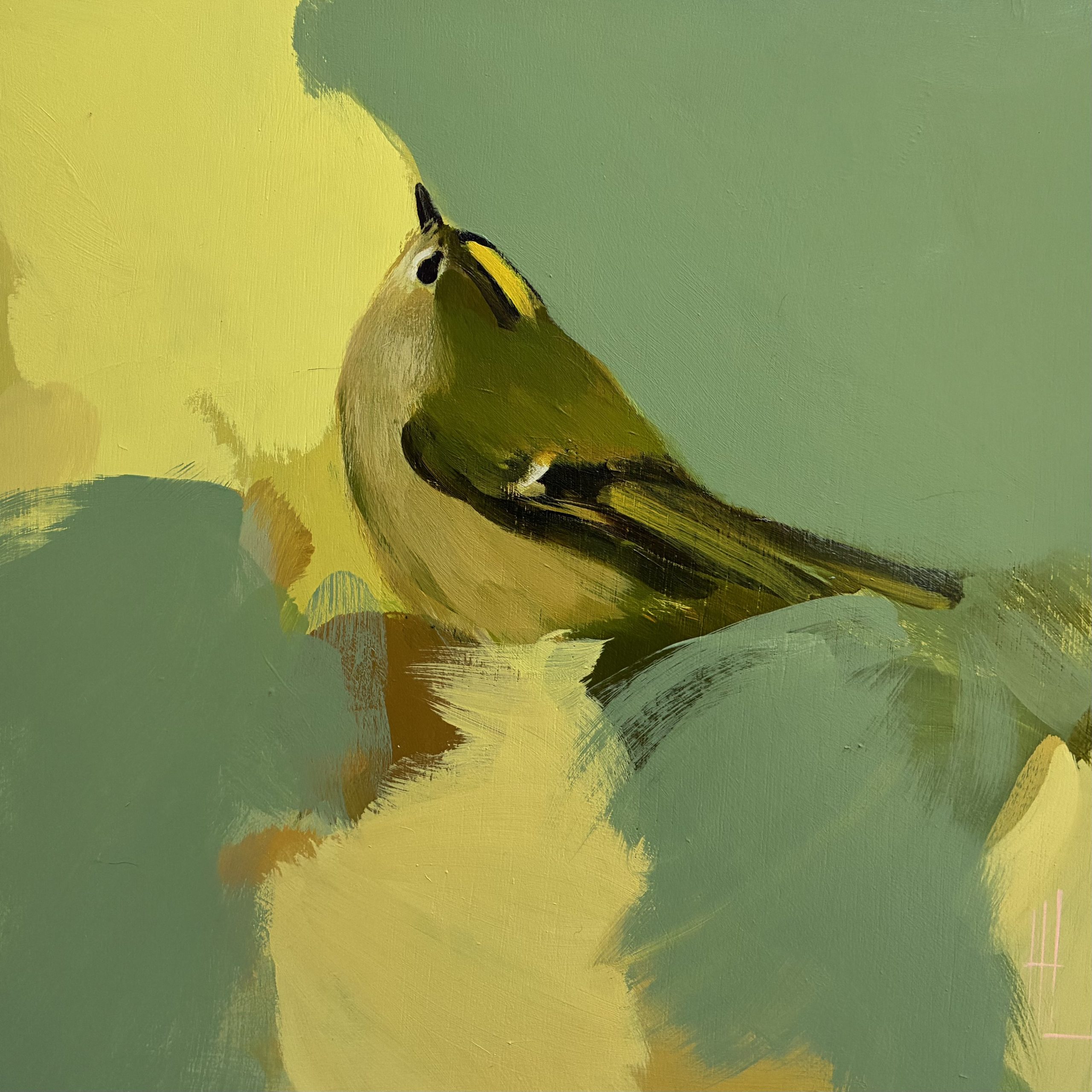 Heidi Langridge goldcrest artwork Goldcrest, Grey & Yellow, showing a small goldcrest against soft grey-green and glowing yellow forms.