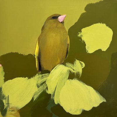 Heidi Langridge greenfinch lime artwork Greenfinch, Lime Greens, showing a bird amongst bright lime, olive and deep green forms.