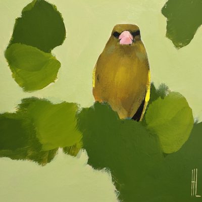 Heidi Langridge greenfinch artwork Greenfinch, Greens, showing a greenfinch surrounded by layered lime, olive and leafy green forms.