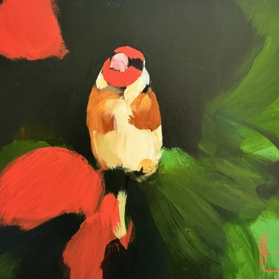 Heidi Langridge goldfinch red green artwork Dark Greens & Red II, showing a goldfinch framed by sweeping red and dark green forms.