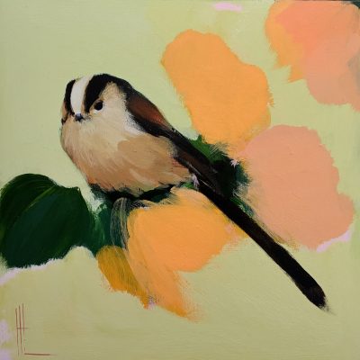 Heidi Langridge long-tailed tit green orange artwork I, showing a long-tailed tit against pale green with orange, peach-pink and deep green forms.