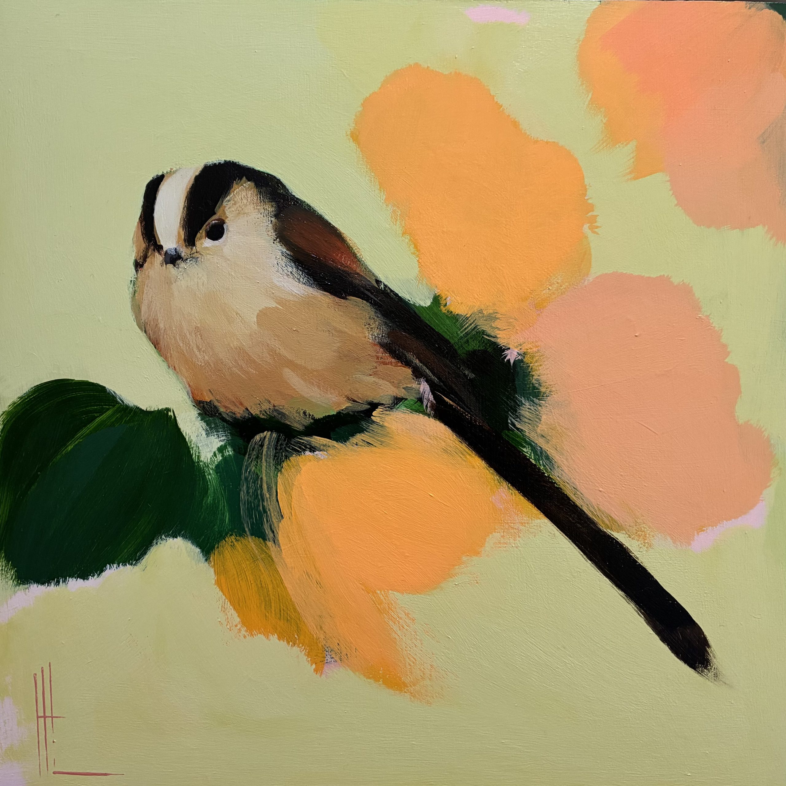 Heidi Langridge long-tailed tit green orange artwork I, showing a long-tailed tit against pale green with orange, peach-pink and deep green forms.