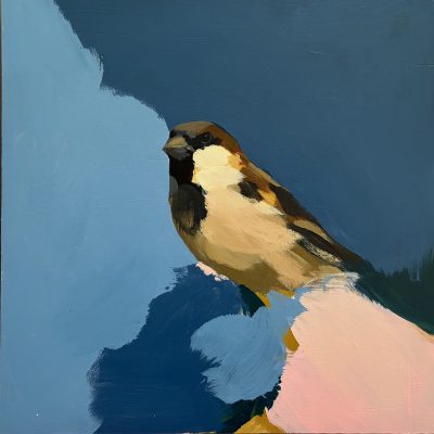 Heidi Langridge sparrow artwork Sparrow, Periwinkle Blue & Pink, featuring a sparrow against blue and soft pink abstract forms.