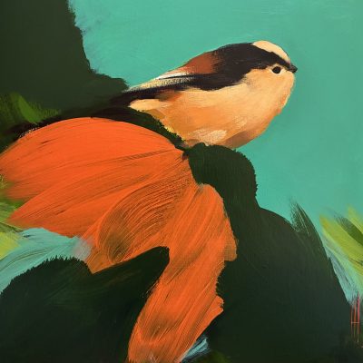 Heidi Langridge long-tailed tit green orange artwork II, featuring a bird against soft green, turquoise and vivid orange painted forms.