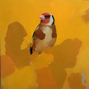 Heidi Langridge goldfinch yellow pink artwork, featuring a goldfinch surrounded by rich Indian yellow and soft pink painted forms.