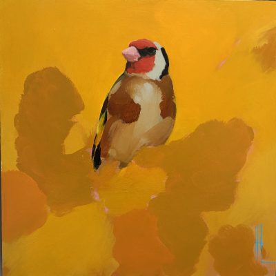 Heidi Langridge goldfinch yellow pink artwork, featuring a goldfinch surrounded by rich Indian yellow and soft pink painted forms.